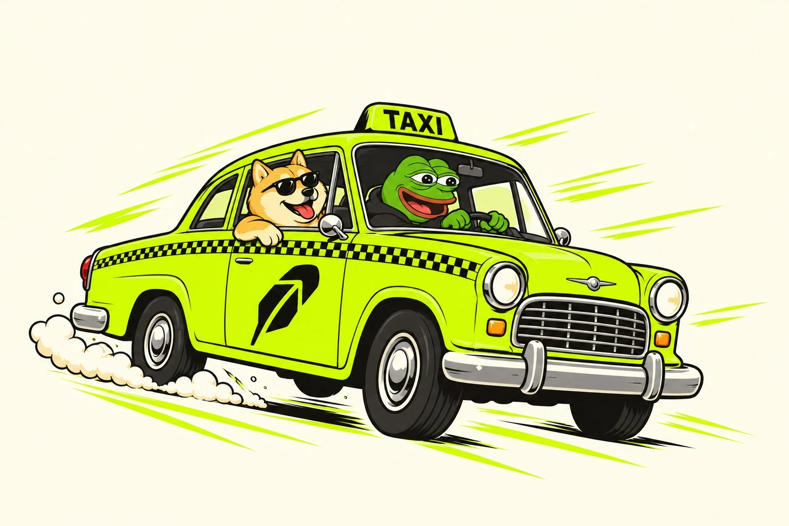 A lime classic taxi races forward with a smiling frog driver and a golden dog in black sunglasses.