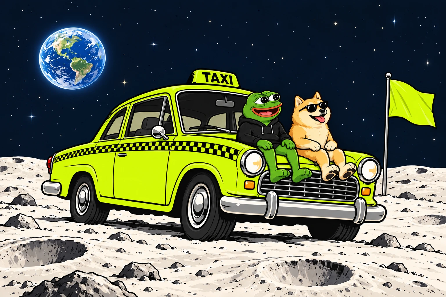 The frog and sunglasses dog sit on the parked taxi hood with their hands on their own knees and feet hanging naturally, with Earth in the distance.