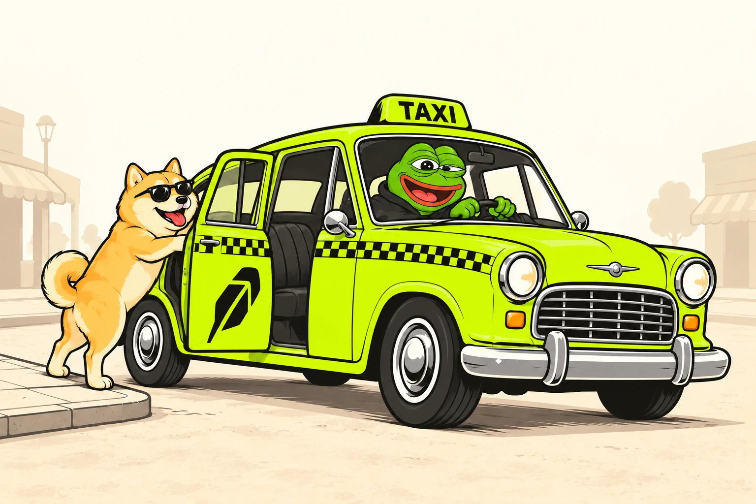 The frog holds the steering wheel with two hands while the sunglasses dog boards through the open rear door.